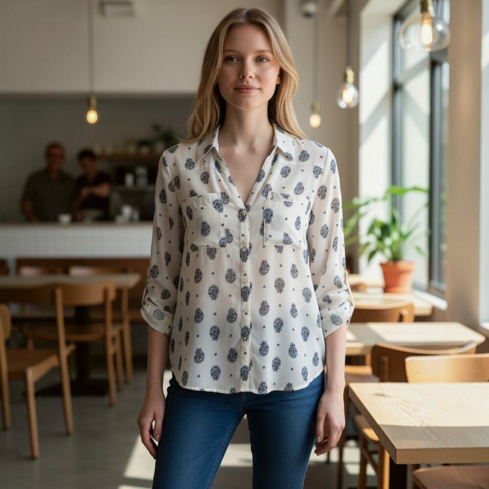 Express The Portofino Shirt Women's Small 4-8 Navy Blue White Paisley Blouse